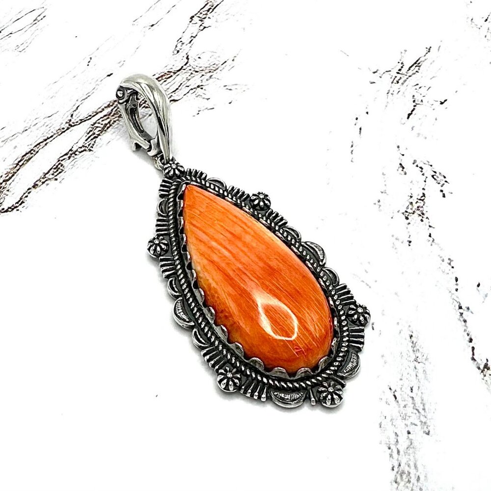 American West 925 Sterling Silver Pear Orange Spiny Bordered Enhancer Pendant
